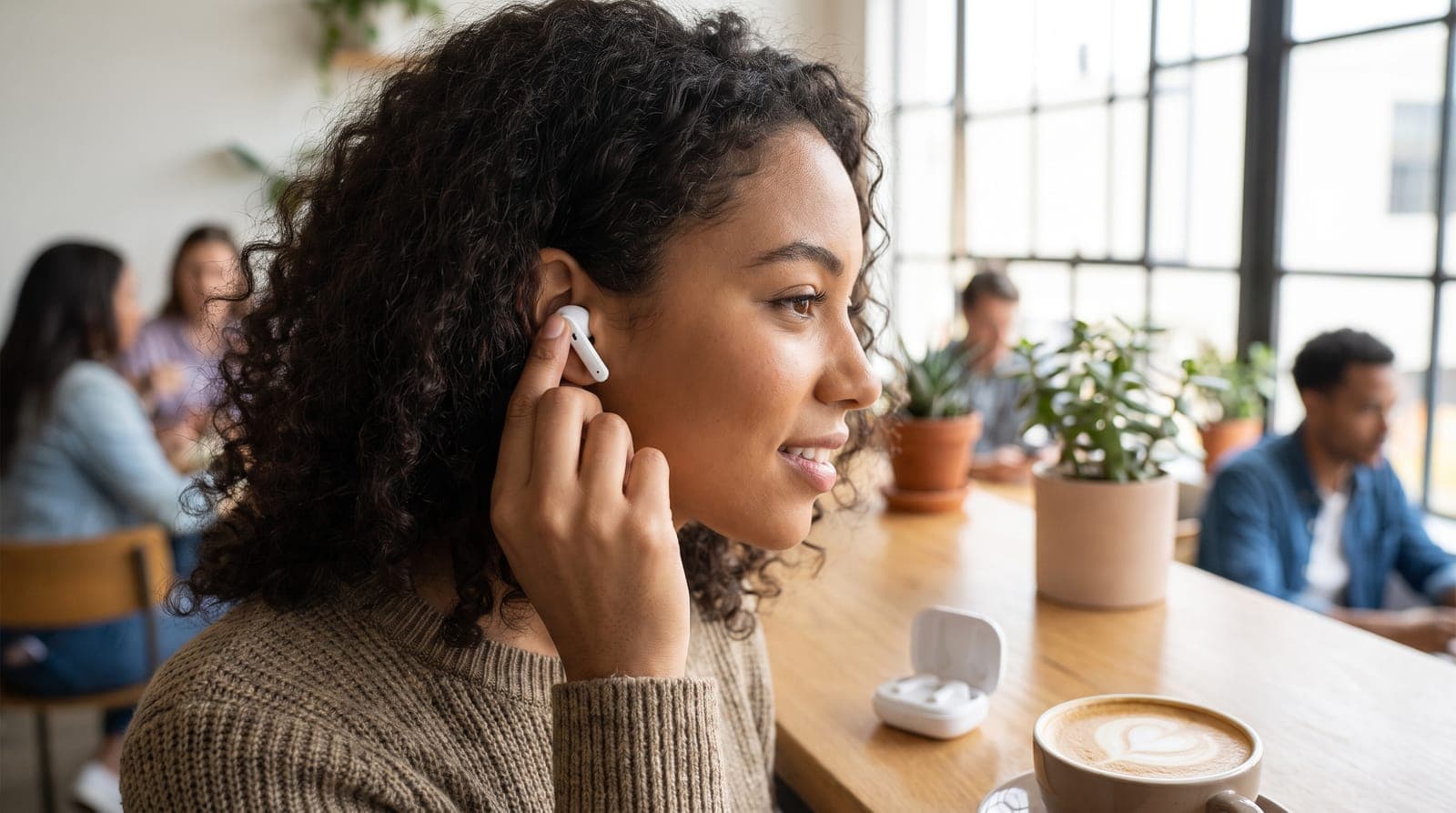 Woman in a cafe putting white wireless noise cancelling earbuds in her ear