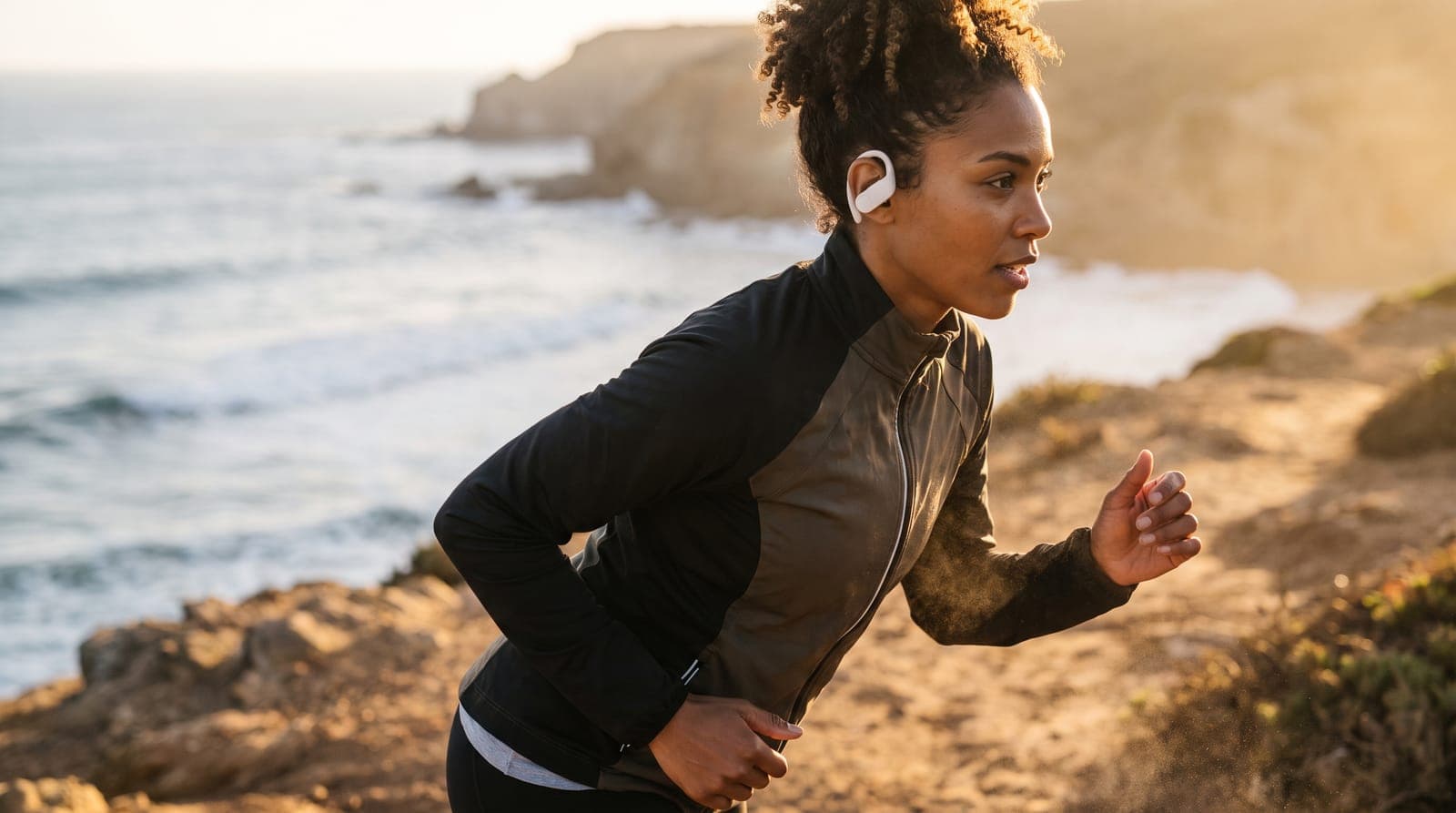 Woman running on a coastal path at sunrise wearing sports earbuds with ear hooks
