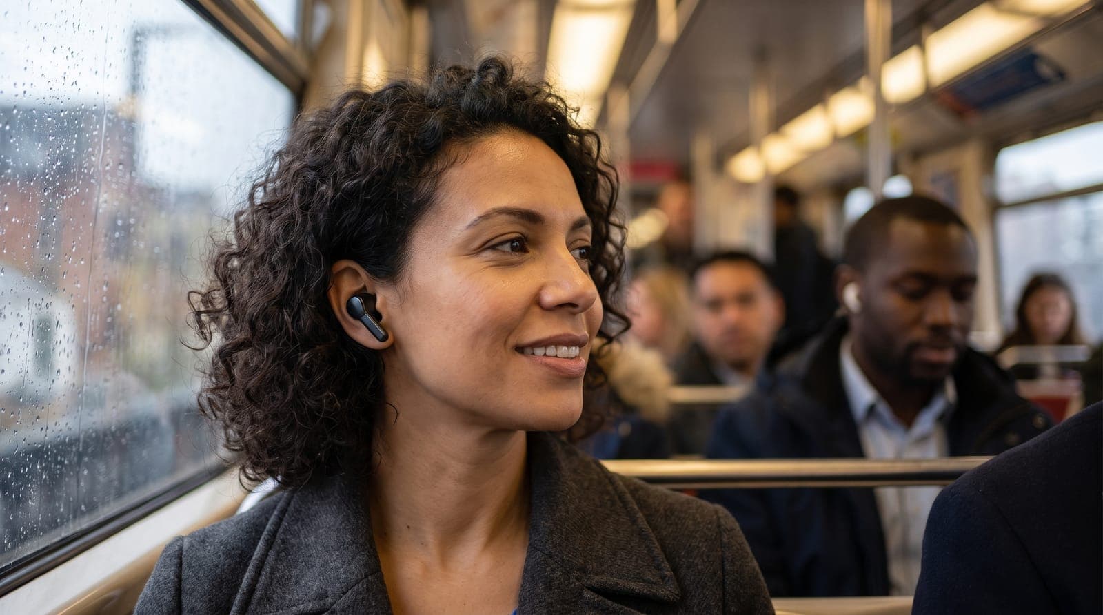 Commuter on a busy train wearing black noise cancelling earbuds