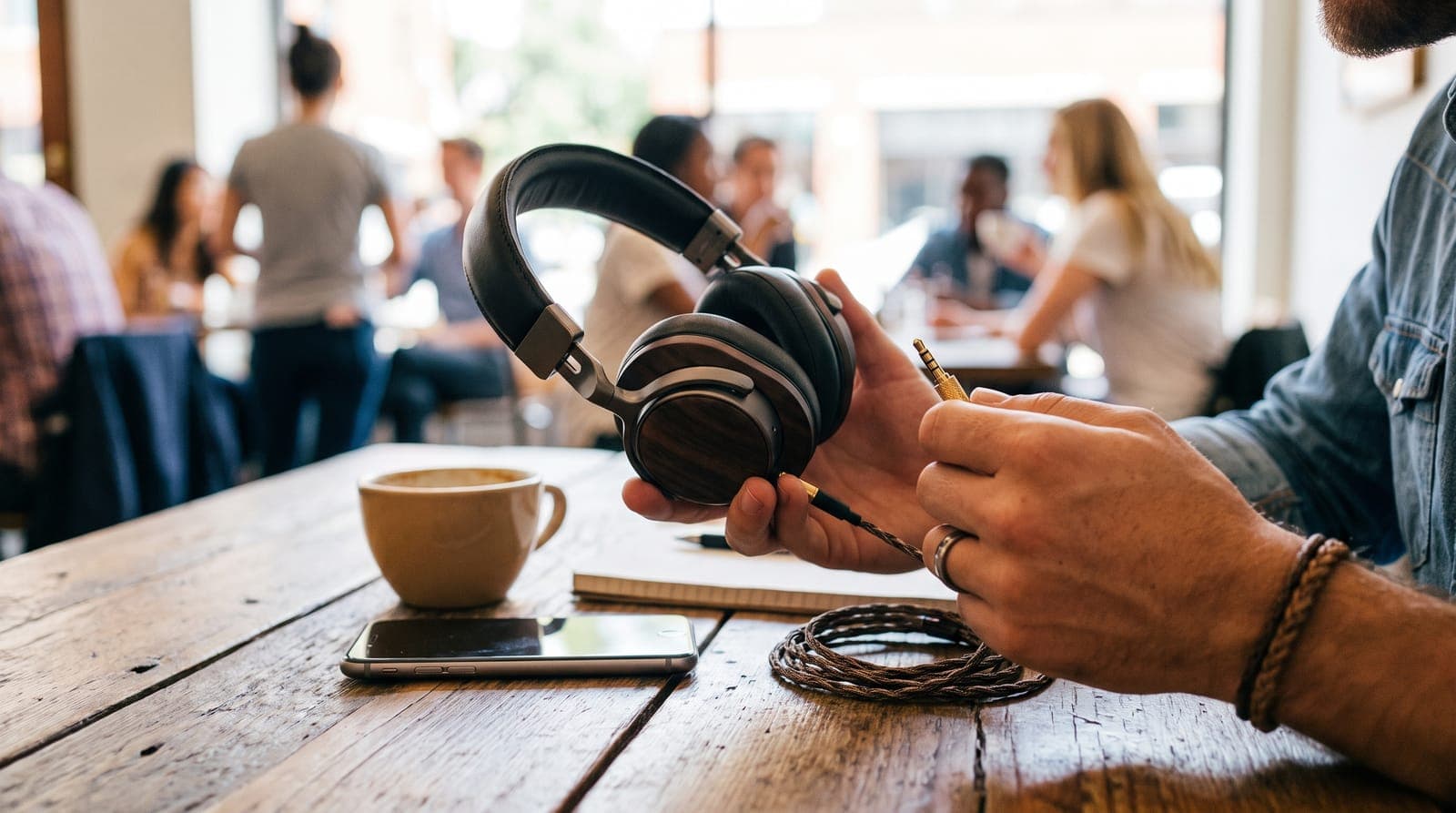 Hands inspecting the plug and cable of wired over-ear headphones