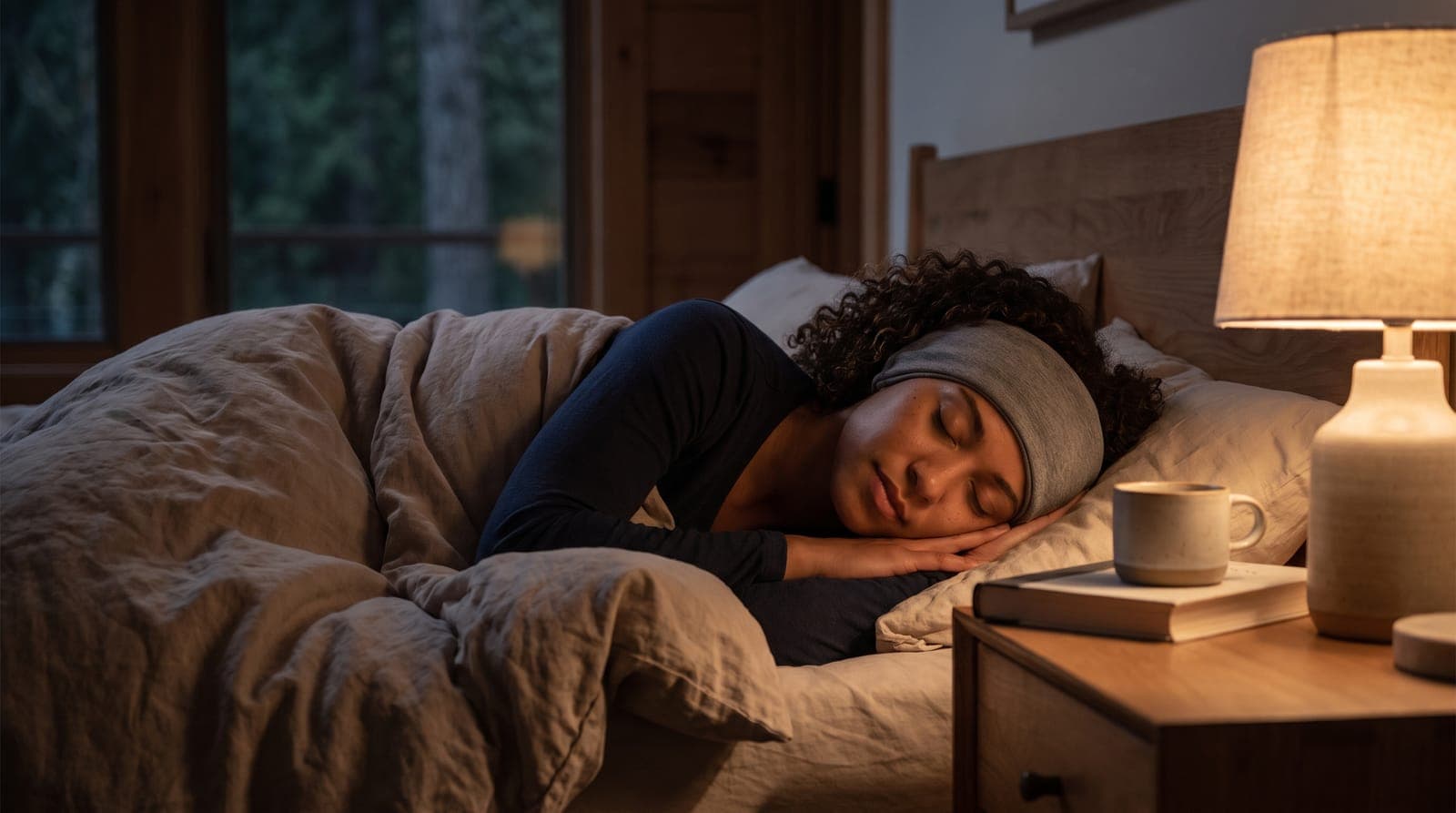 Woman sleeping on her side wearing a soft headband with built-in headphones
