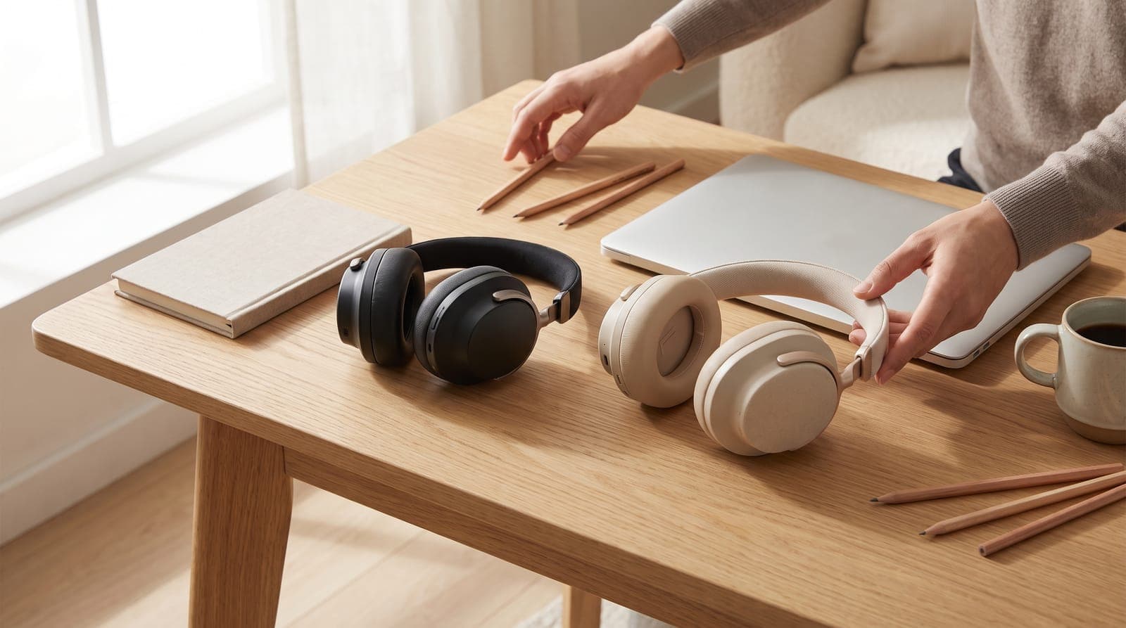 Two pairs of premium noise cancelling headphones, black and sandstone, side by side on a desk