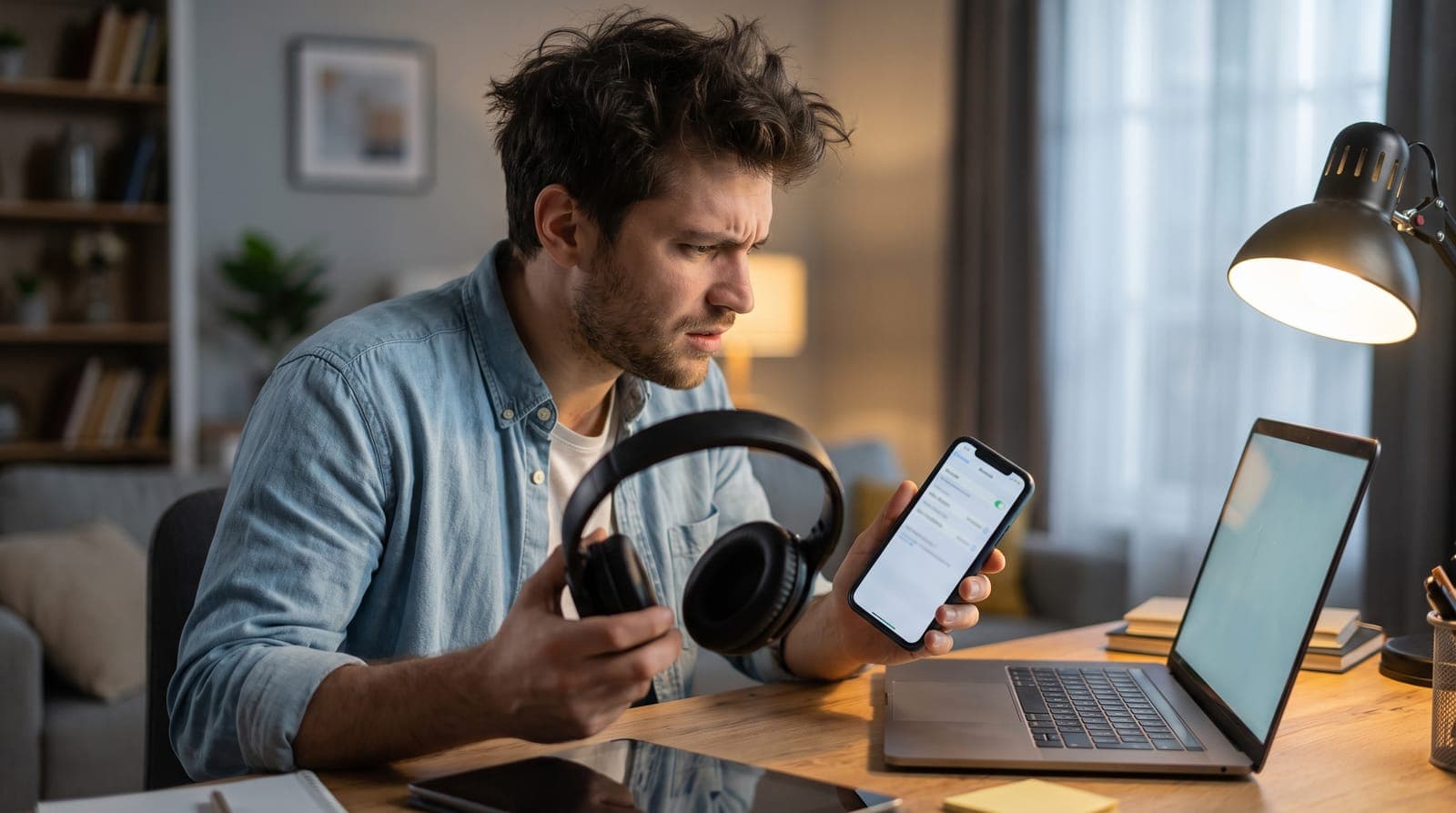 Man checking his phone's Bluetooth settings while holding wireless headphones